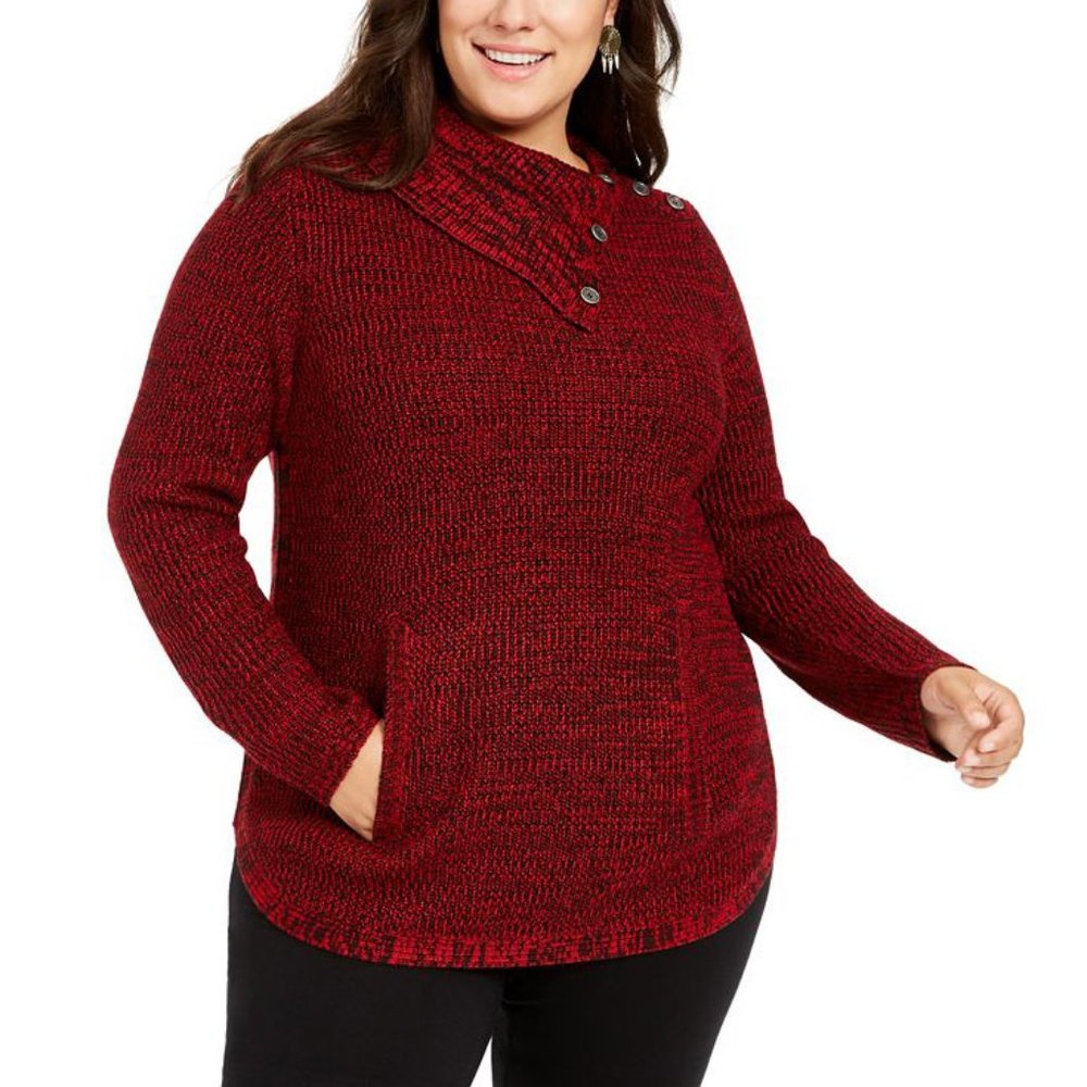 Style&Co Women Plus Buttoned Envelope Collar Long Sleeve Pullover Sweater Red